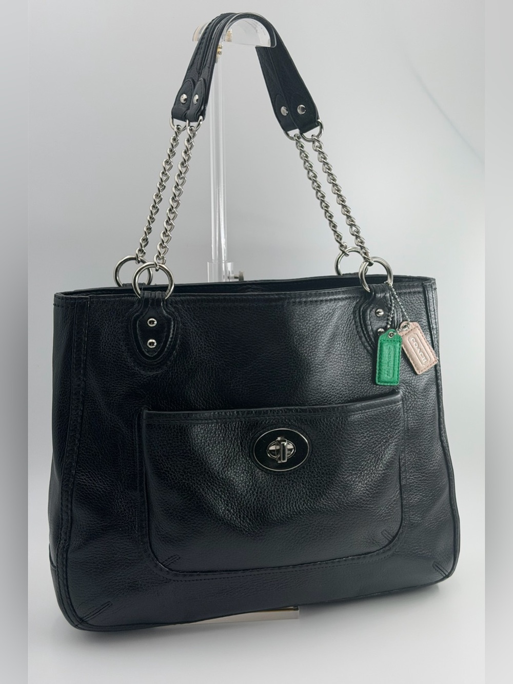 Coach Poppy Black Pebble Leather Chain Tote Bag- Great Condition - M1293-24081